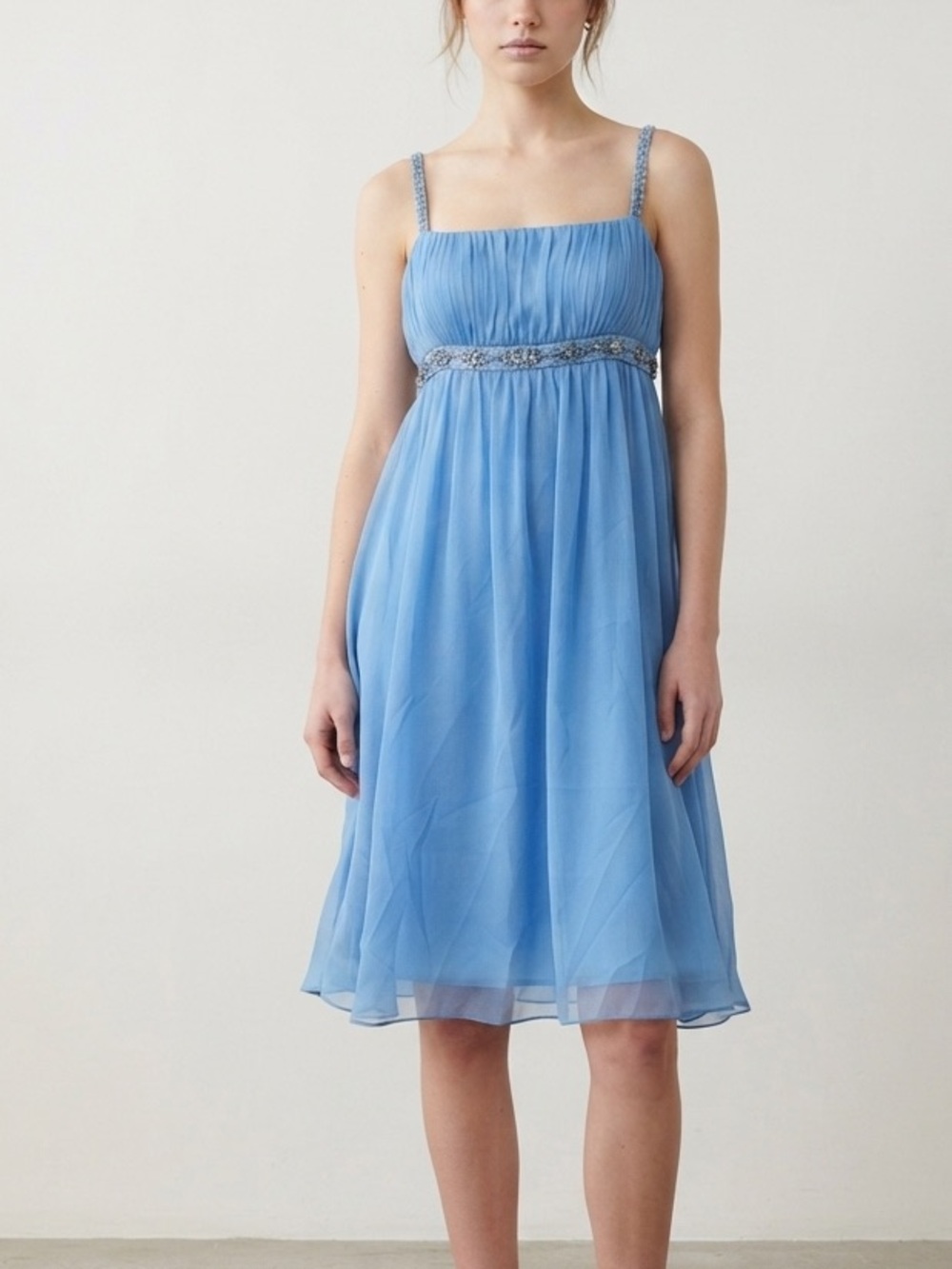 Y2K Light Blue Chiffon Babydoll Midi Dress with Beaded Waist Size Small